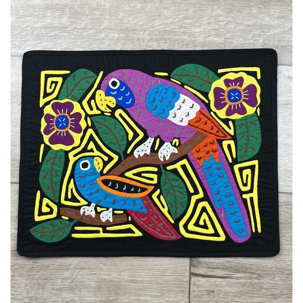 Vintage Mola Kuna 2 Parrot Birds Tropical Panama Star Folk Art Wall-Art Placemat